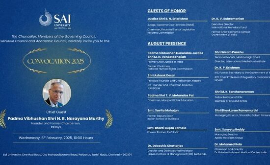 Sai University is hosting Convocation 2025, featuring Shri N. R. Narayana Murthy as the Chief Guest alongside esteemed Board Members